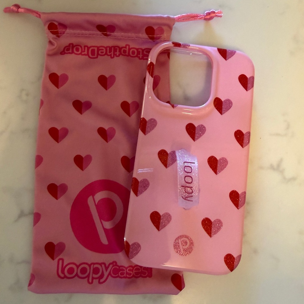 iPhone 14 Pro 
Loopy Case Pink Phone Case with Red Heart Pattern